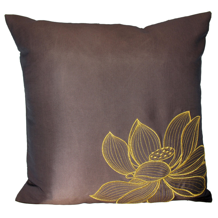 Thai Silk Throw Pillow Cover, Lotus Design, Taupe - TropicaZona