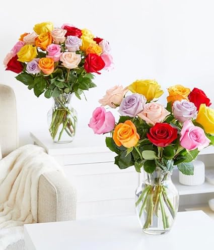 One Dozen Rainbow Roses with Glass Vase (Fresh Flower Bouquets) Birthday, Anniversary, Get Well, Congratulations, Thank You, All Occasions