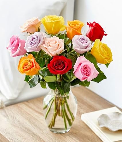 One Dozen Rainbow Roses with Glass Vase (Fresh Flower Bouquets) Birthday, Anniversary, Get Well, Congratulations, Thank You, All Occasions