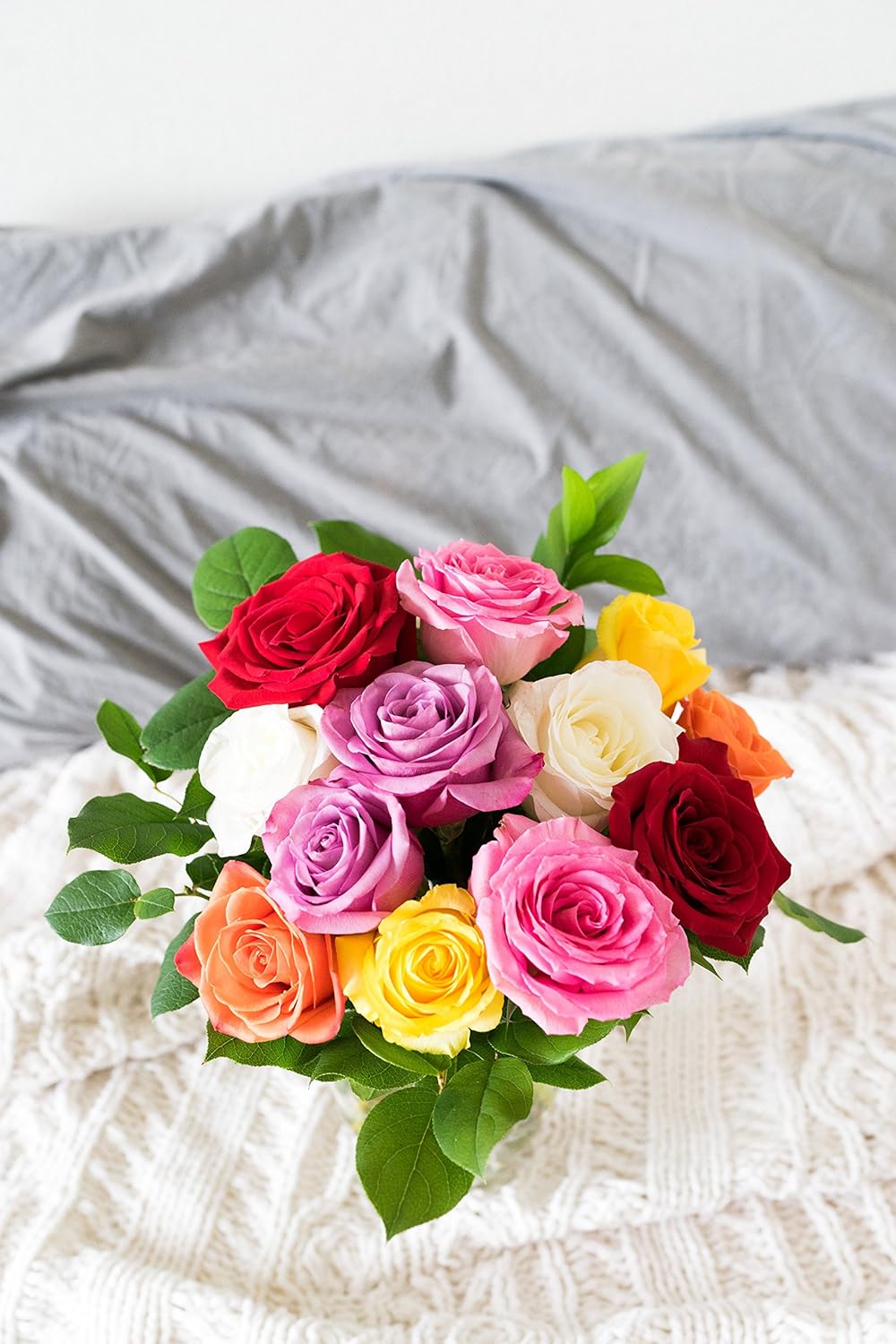 One Dozen Rainbow Roses with Glass Vase (Fresh Flower Bouquets) Birthday, Anniversary, Get Well, Congratulations, Thank You, All Occasions