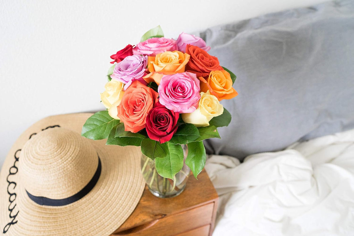 One Dozen Rainbow Roses with Glass Vase (Fresh Flower Bouquets) Birthday, Anniversary, Get Well, Congratulations, Thank You, All Occasions