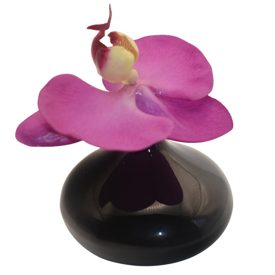 Artificial Phalaen Orchid Latex-Coated Fabric Flower, Purple, in Black Ceramic Bud Vase