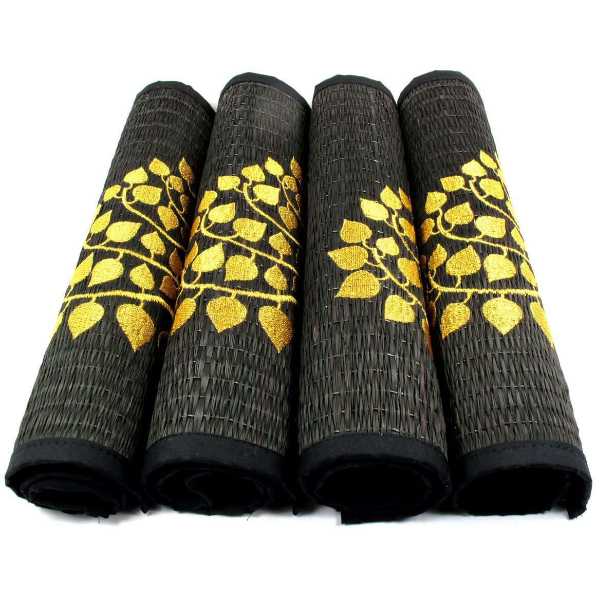 Woven Reed Placemats, Approx. 12" x 16", 4-Pack, Gold Bodhi Tree on Black - TropicaZona