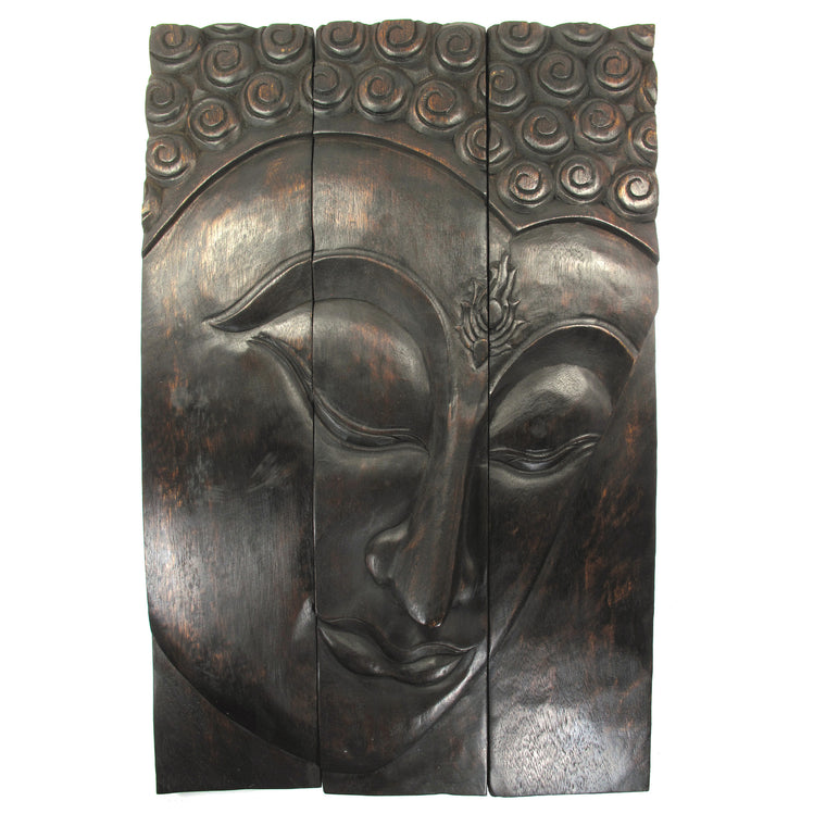 Carved Acacia Wood (Monkey Pod/Samanea Saman Wood) Buddha Panel, 3-Piece Set - 20" x 30" - TropicaZona