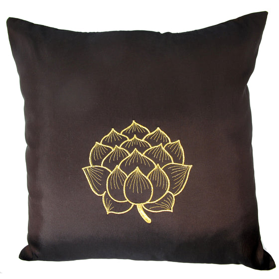 Thai Silk Throw Pillow Cover, Lotus Bloom Design, Dark Brown - TropicaZona