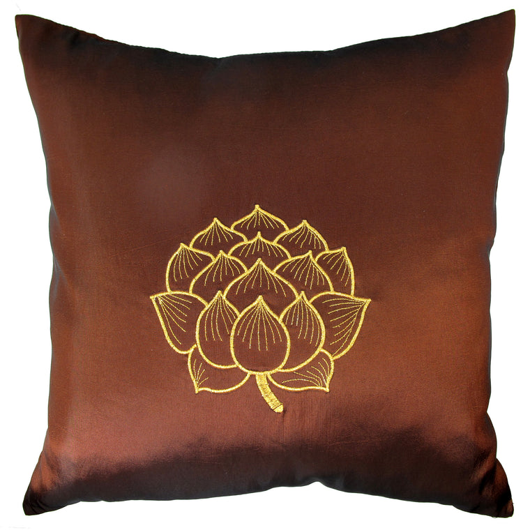 Thai Silk Throw Pillow Cover, Lotus Bloom Design, Medium Brown - TropicaZona