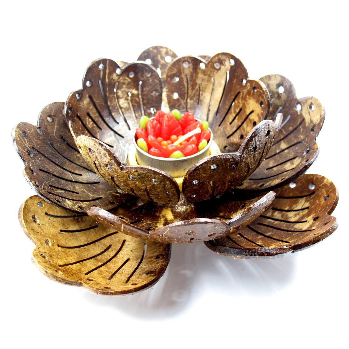 Coconut Shell Tealight Candle Holder, Large, Pudtan Flower - TropicaZona