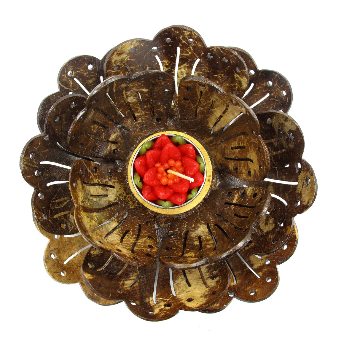 Coconut Shell Tealight Candle Holder, Large, Pudtan Flower - TropicaZona