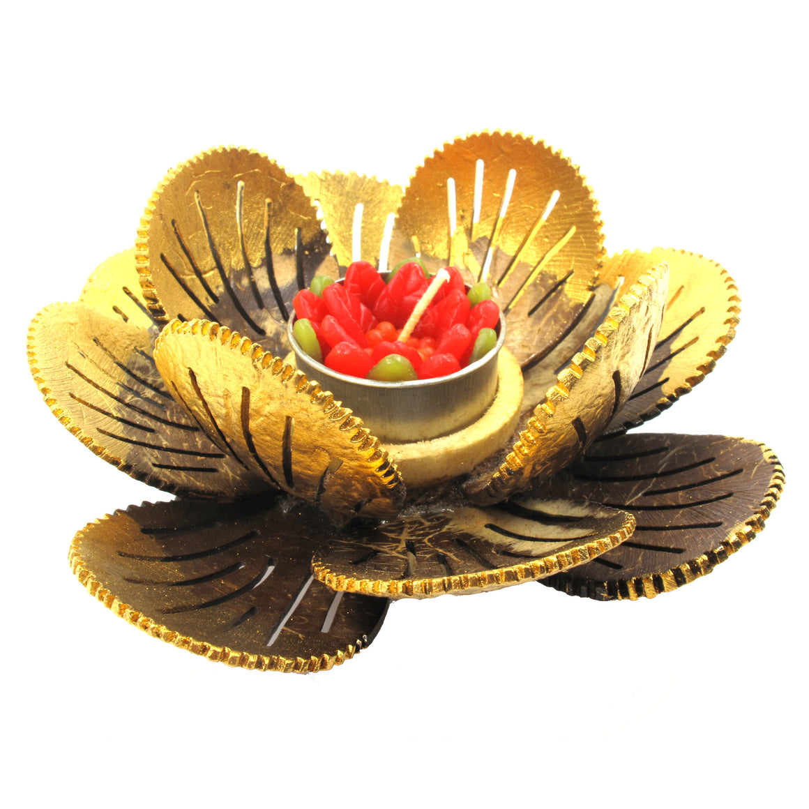 Coconut Shell Tealight Candle Holder, Small, Gold Pudtan Flower - TropicaZona