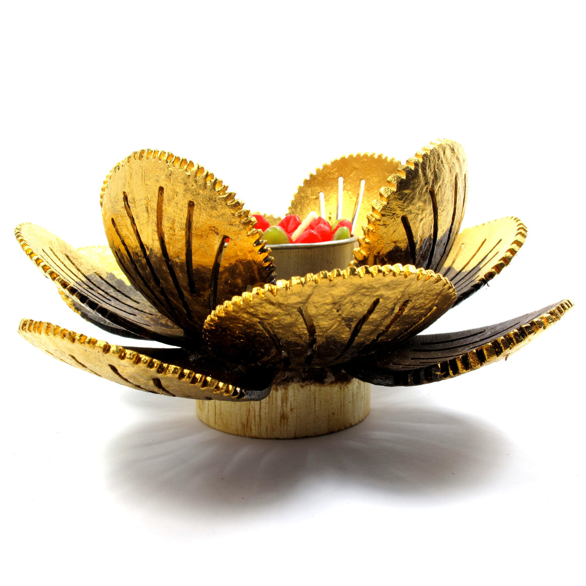 Coconut Shell Tealight Candle Holder, Small, Gold Pudtan Flower - TropicaZona