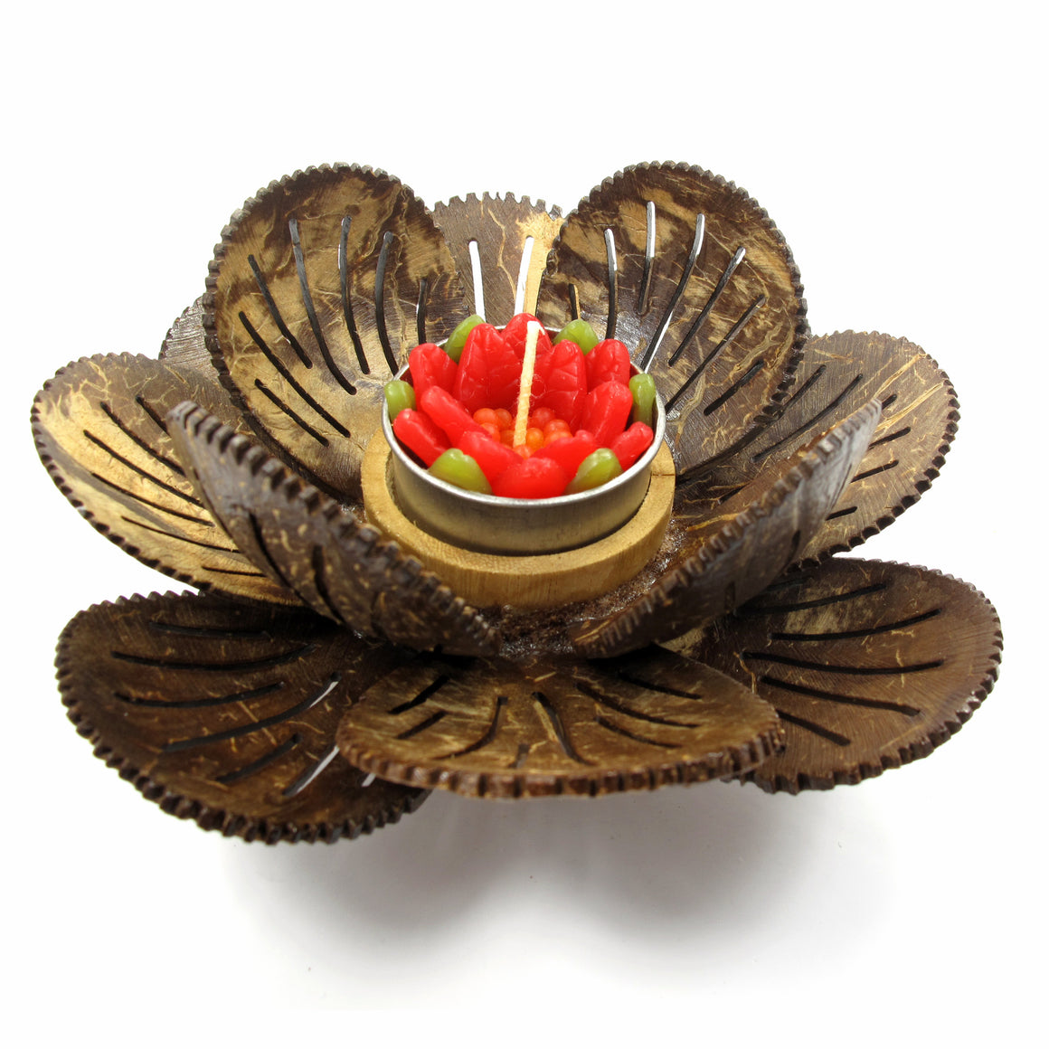 Coconut Shell Tealight Candle Holder, Small, Pudtan Flower - TropicaZona