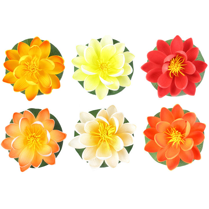 Small Floating Foam Water Lily Flowers, Assorted Warm Colors, A Set of 6, For Small Water Feature, 3.25" x 3.25" x 2" (each) - TropicaZona