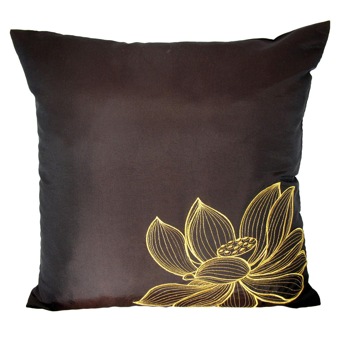 Thai Silk Throw Pillow Cover, Lotus Design, Dark Brown - TropicaZona