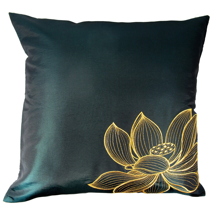 Thai Silk Throw Pillow Cover, Lotus Design, Green - TropicaZona