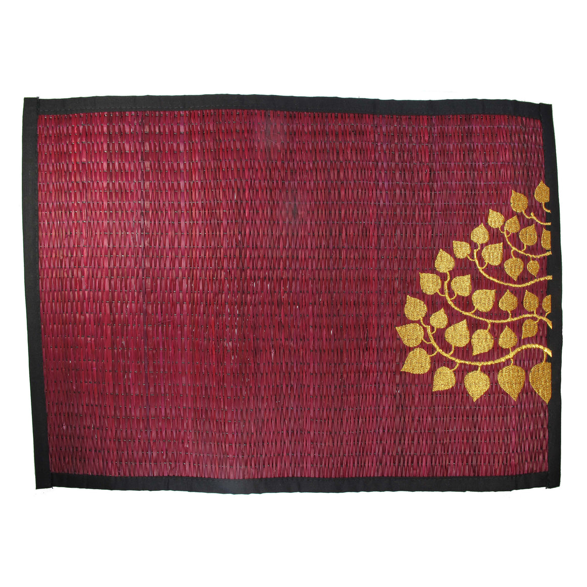 Woven Reed Placemats, Approx. 12" x 16", 4-Pack, Gold Bodhi Tree on Red - TropicaZona