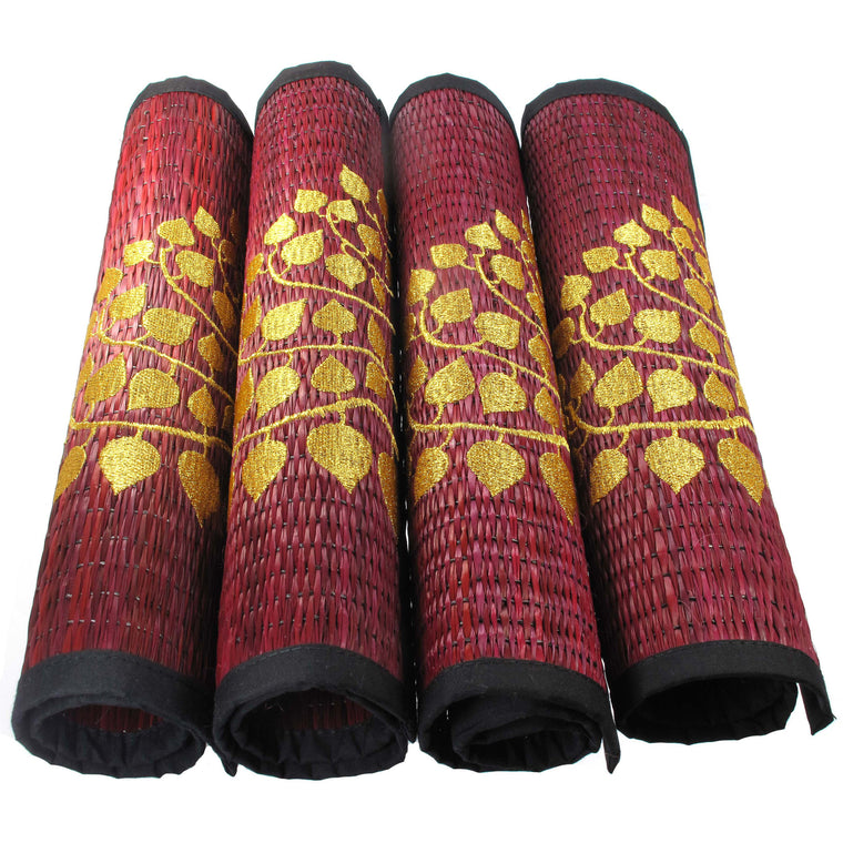 Woven Reed Placemats, Approx. 12" x 16", 4-Pack, Gold Bodhi Tree on Red - TropicaZona